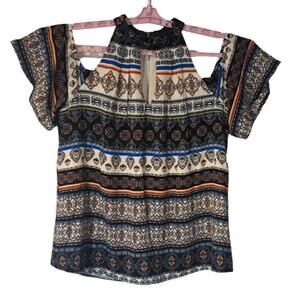 Lily Black‎ Tunic Short Flutter Sleeves Cut out Shoulder Multi Paisley Sz M